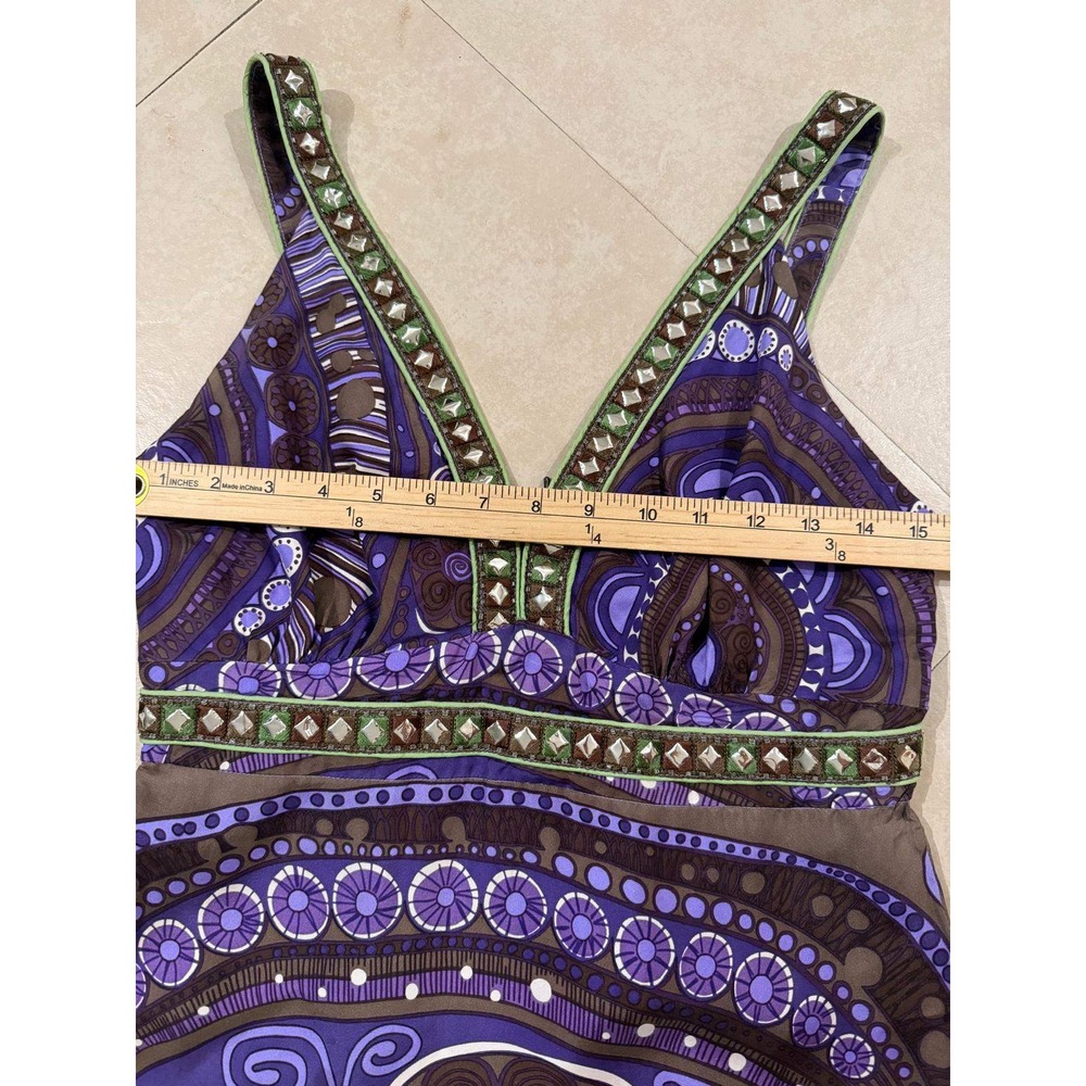 ITW by Claude Brown Purple Geometric Boho Maxi Dress Studded V-Neck Size 6 - Picture 6 of 7